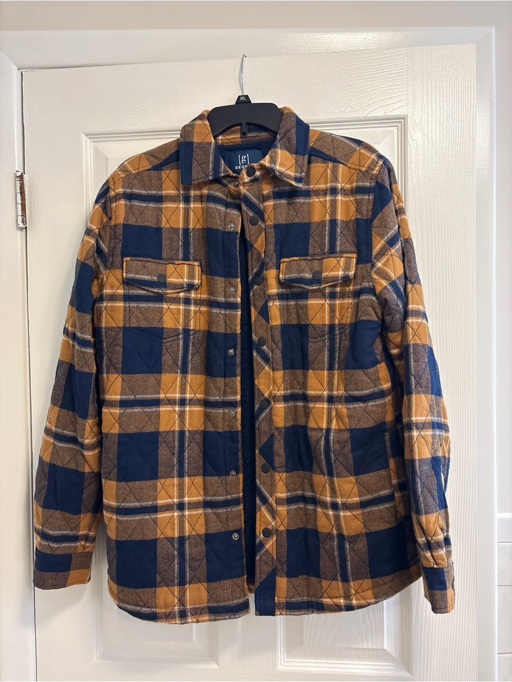George men’s fleece-lined quilted plaid shacket jacket navy & camel S (34-36)